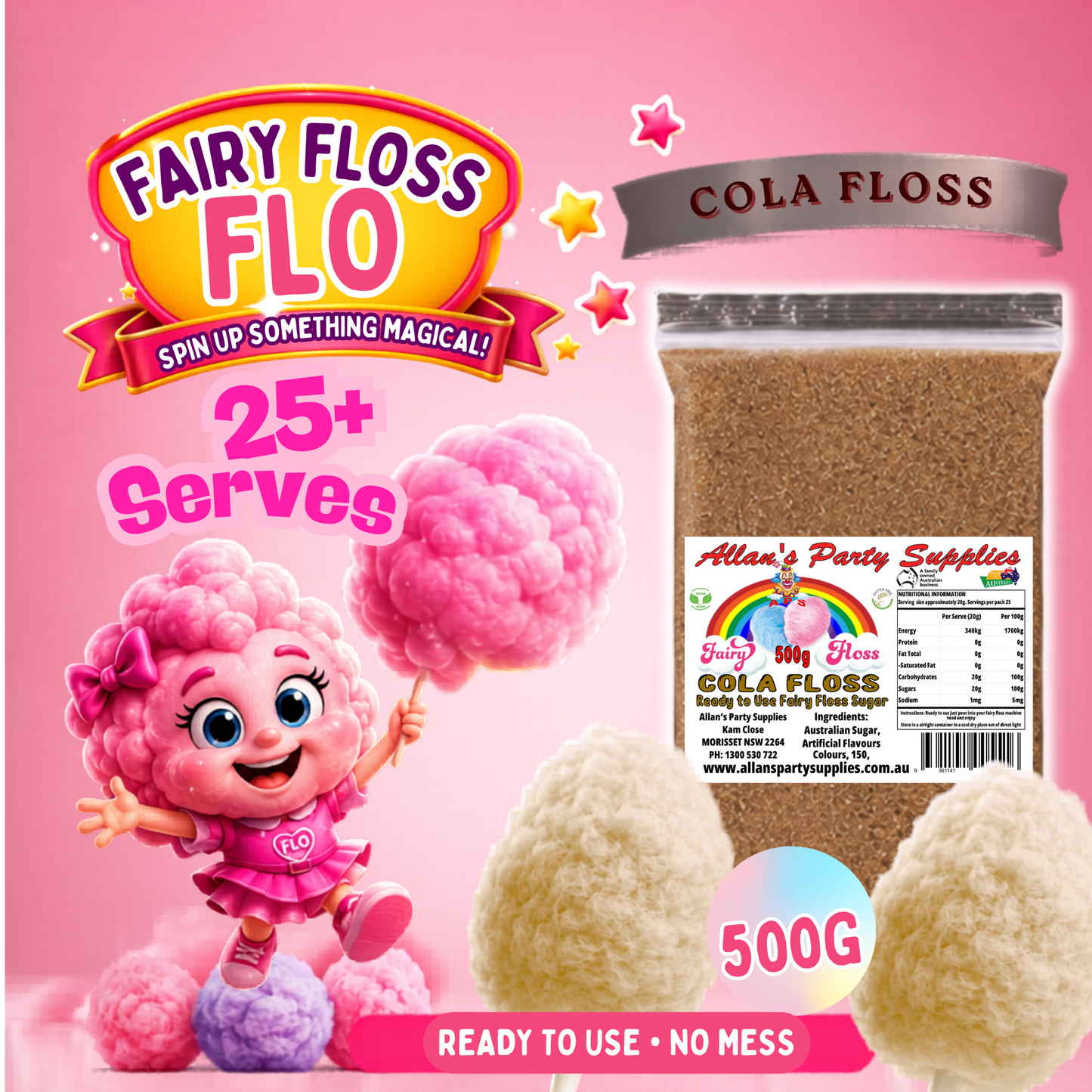 #2 APS, Fairy Floss Flo's Premium Cola Floss Fairy Floss Sugar 500g Bag