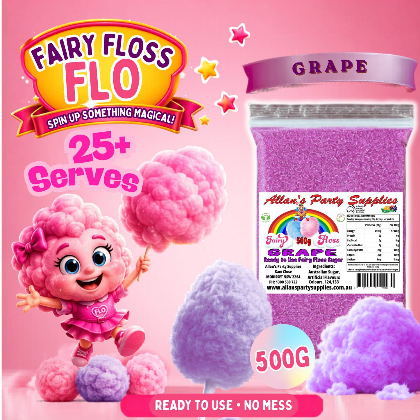 #2 APS, Fairy Floss Flo's Premium Grape Fairy Floss Sugar 500g Bag
