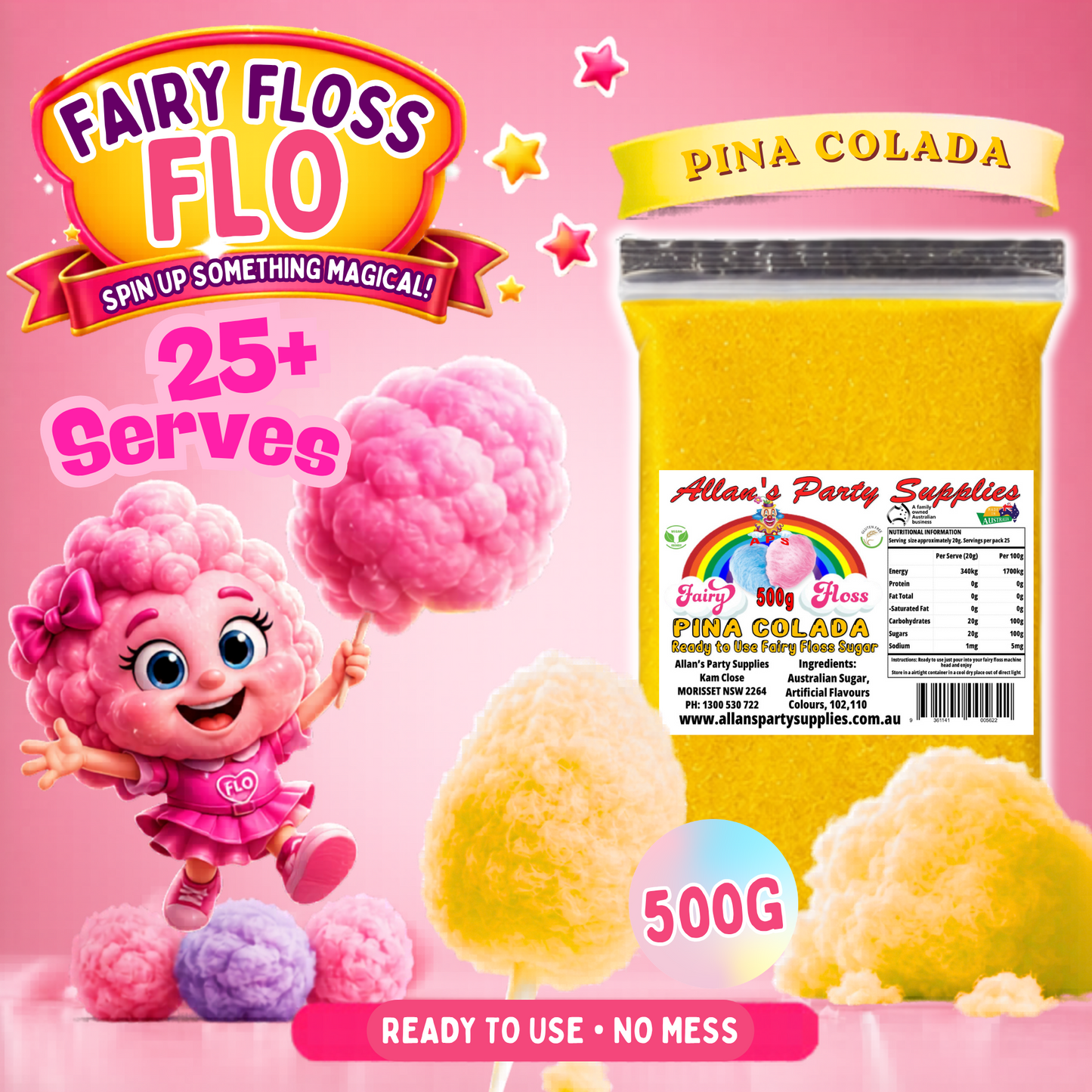 #2 APS, Fairy Floss Flo's Premium Pina Colada Fairy Floss Sugar 500g Bag