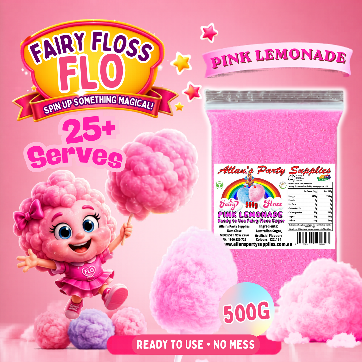#2 APS, Fairy Floss Flo's Premium Pink Lemonade Fairy Floss Sugar 500g Bag