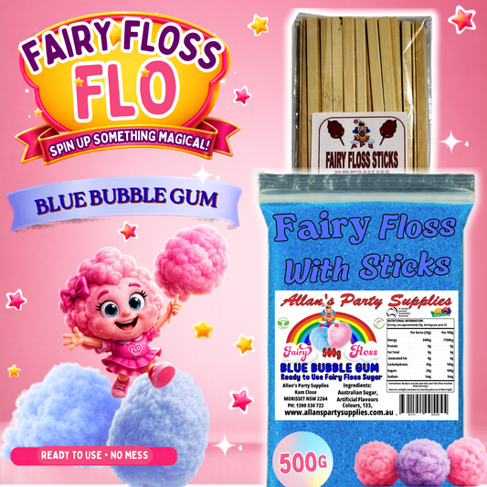 #2 APS, Fairy Floss Flo's Premium Blue Bubble Gum Fairy Floss Sugar 500g Bag With Sticks