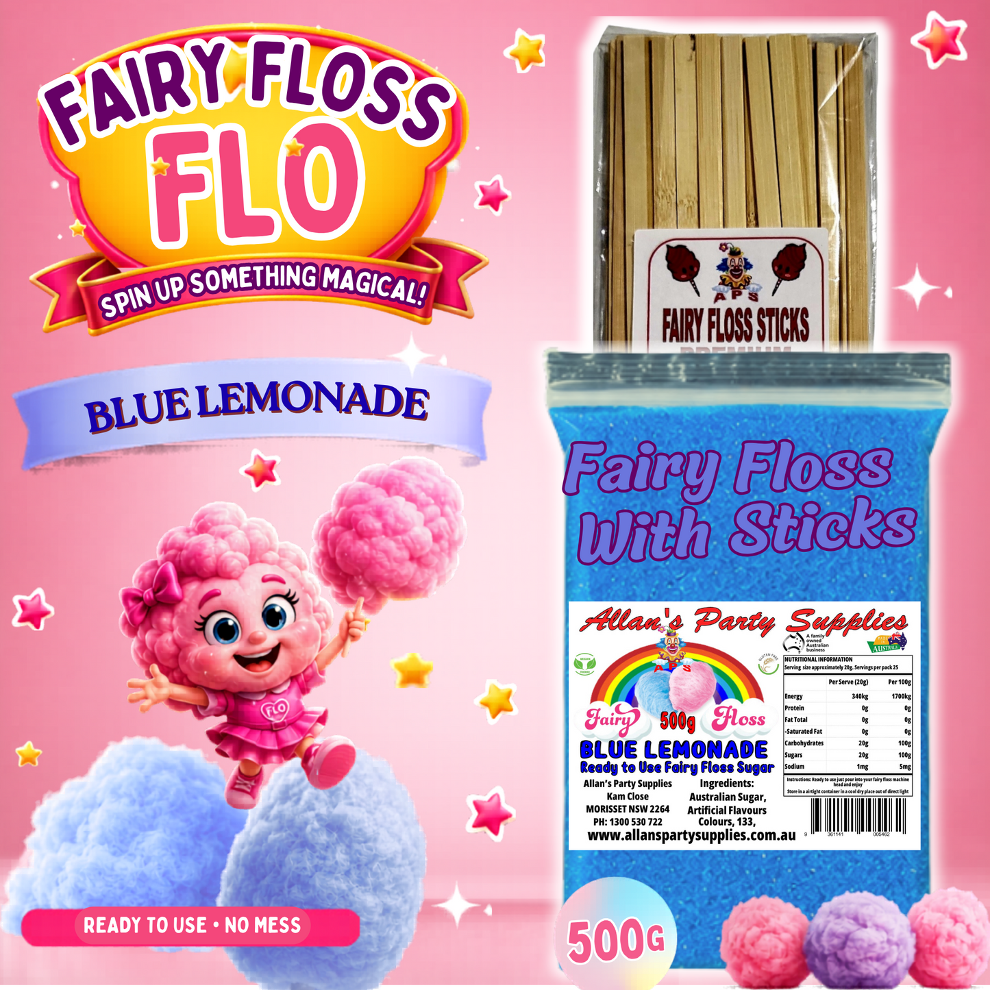 #2 APS, Fairy Floss Flo's Premium Blue Lemonade Fairy Floss Sugar 500g Bag With Sticks