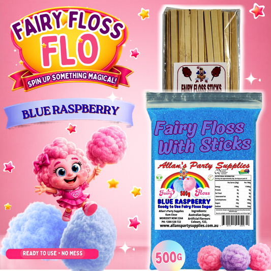 #2 APS, Fairy Floss Flo's Premium Blue Raspberry Fairy Floss Sugar 500g Bag With Sticks