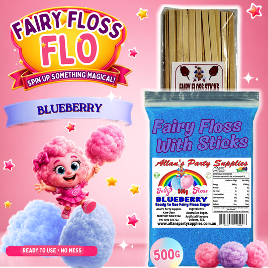 #2 APS, Fairy Floss Flo's Premium Blueberry Fairy Floss Sugar 500g Bag With Sticks