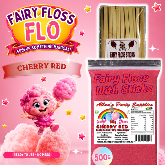 #2 APS, Fairy Floss Flo's Premium Cherry Red Fairy Floss Sugar 500g Bag With Sticks