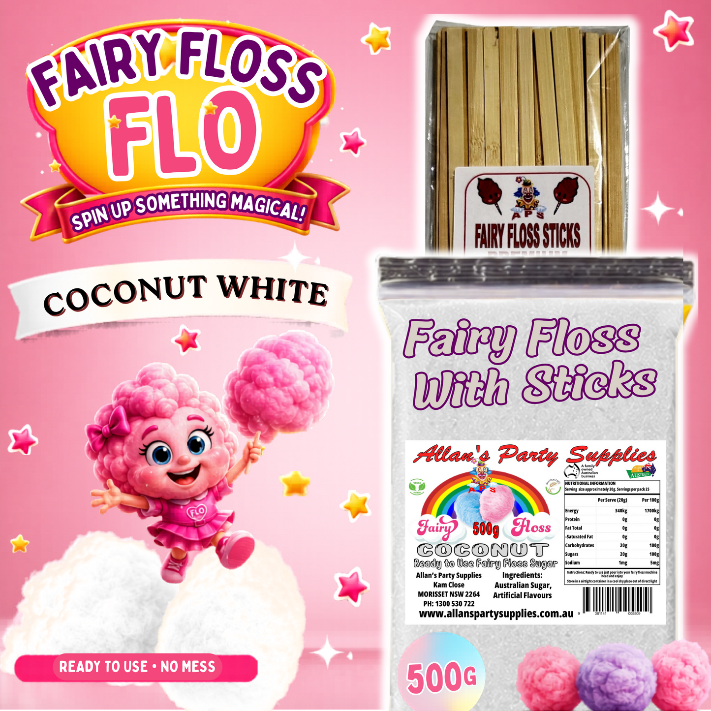 #2 APS, Fairy Floss Flo's Premium Coconut White Fairy Floss Sugar 500g Bag With Sticks