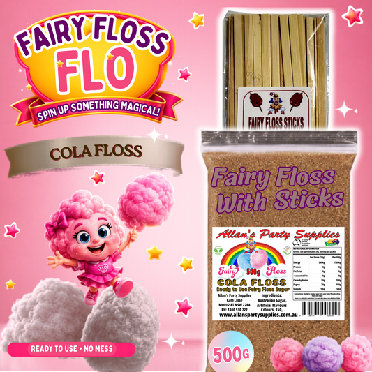 #2 APS, Fairy Floss Flo's Premium Cola Floss Fairy Floss Sugar 500g Bag With Sticks