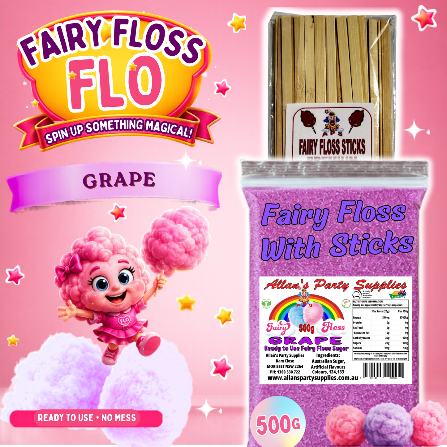 #2 APS, Fairy Floss Flo's Premium Grape Fairy Floss Sugar 500g Bag With Sticks