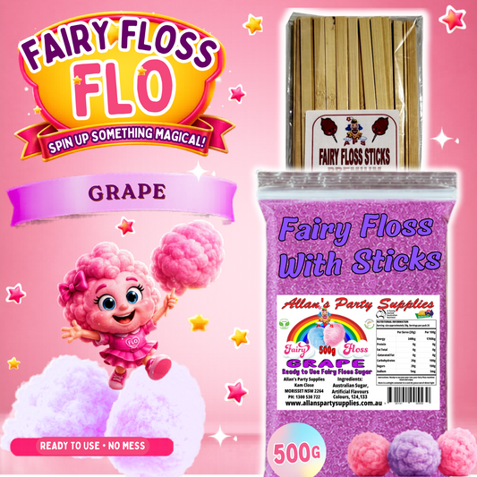 #2 APS, Fairy Floss Flo's Premium Grape Fairy Floss Sugar 500g Bag With Sticks