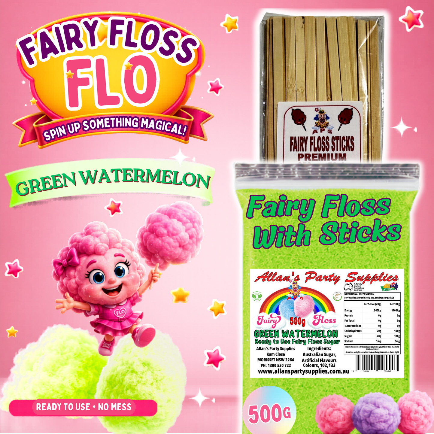 #2 APS, Fairy Floss Flo's Premium Green Watermelon Fairy Floss Sugar 500g Bag With Sticks