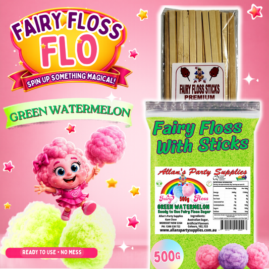 #2 APS, Fairy Floss Flo's Premium Green Watermelon Fairy Floss Sugar 500g Bag With Sticks