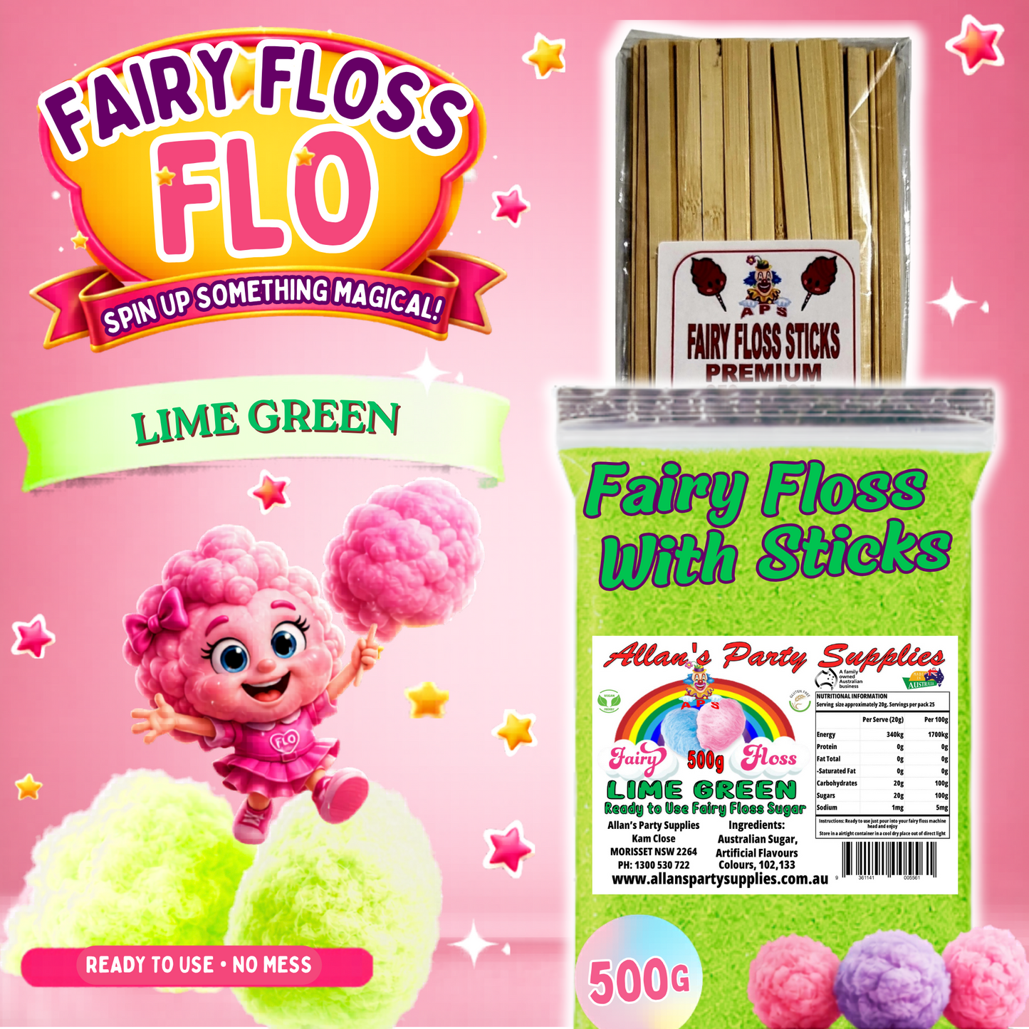 #2 APS, Fairy Floss Flo's Premium Lime Green Fairy Floss Sugar 500g Bag With Sticks