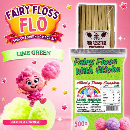#2 APS, Fairy Floss Flo's Premium Lime Green Fairy Floss Sugar 500g Bag With Sticks