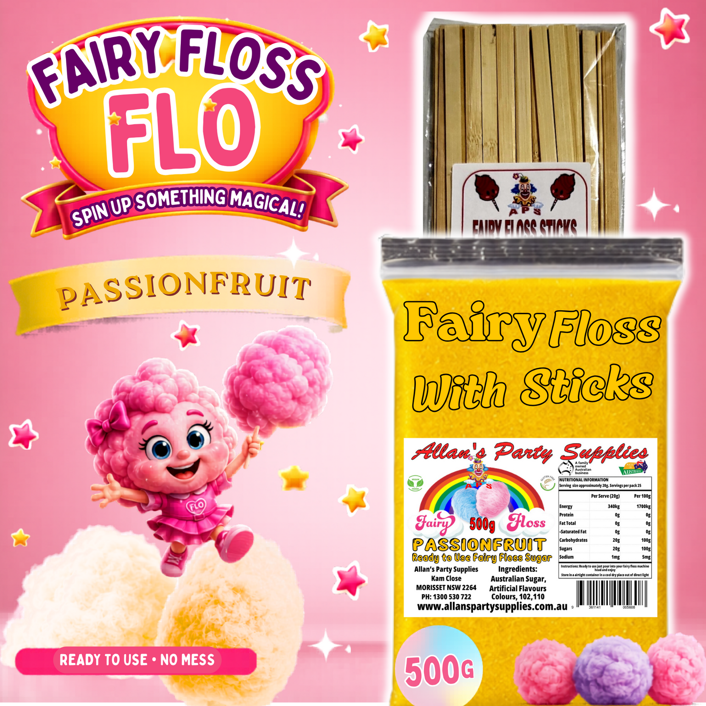#2 APS, Fairy Floss Flo's Premium Passionfruit Fairy Floss Sugar 500g Bag With Sticks