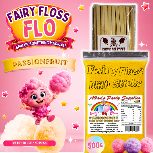 #2 APS, Fairy Floss Flo's Premium Passionfruit Fairy Floss Sugar 500g Bag With Sticks