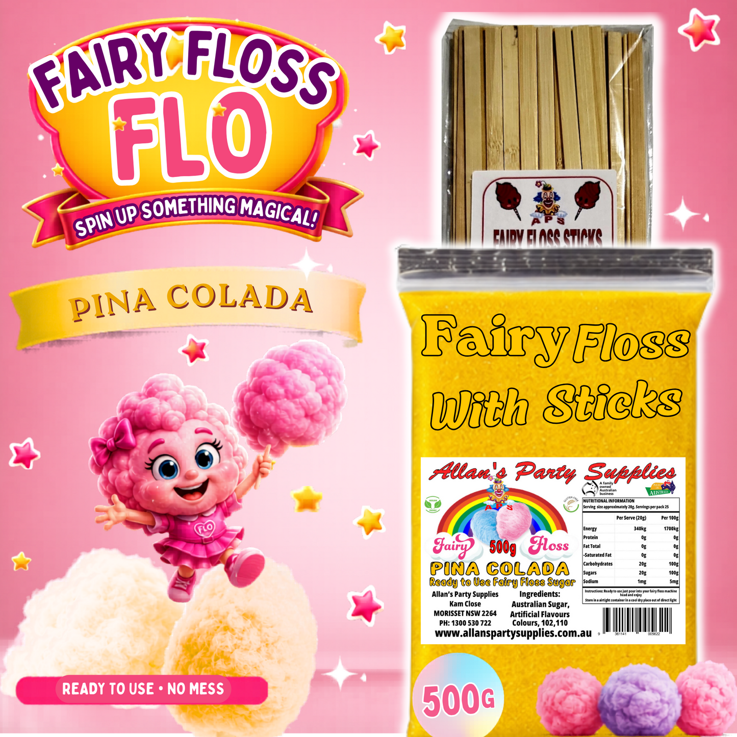 #2 APS, Fairy Floss Flo's Premium Pina Colada Fairy Floss Sugar 500g Bag With Sticks