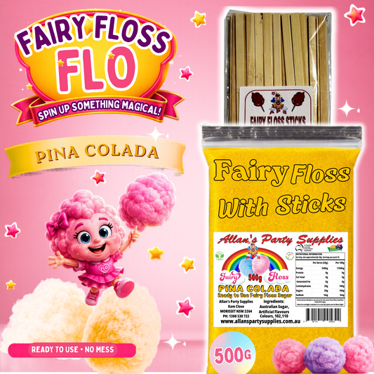 #2 APS, Fairy Floss Flo's Premium Pina Colada Fairy Floss Sugar 500g Bag With Sticks