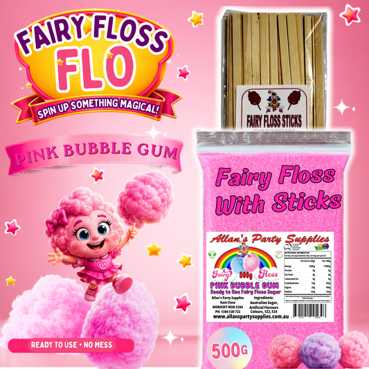 #2 APS, Fairy Floss Flo's Premium Pink Bubble Gum Fairy Floss Sugar 500g Bag With Sticks