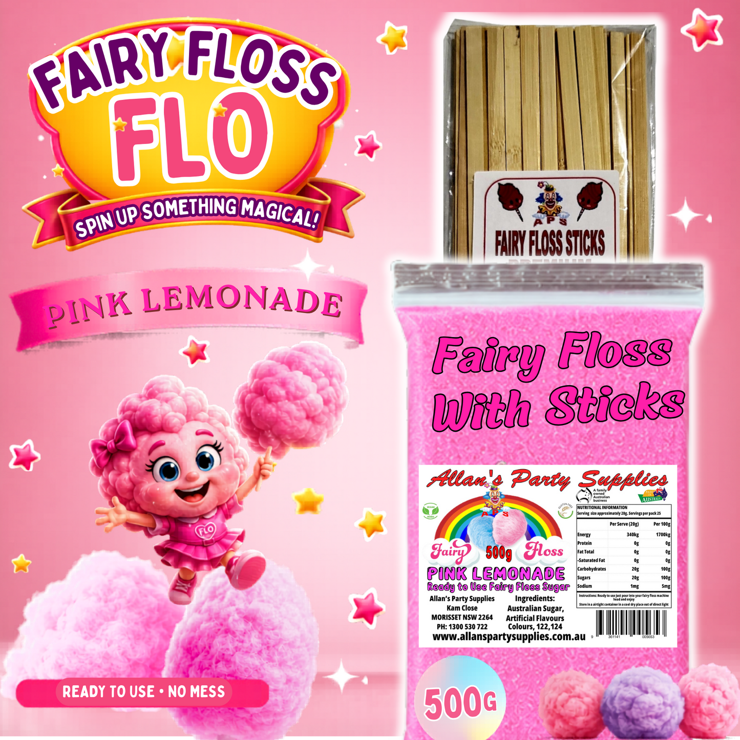 #2 APS, Fairy Floss Flo's Premium Pink Lemonade Fairy Floss Sugar 500g Bag With Sticks