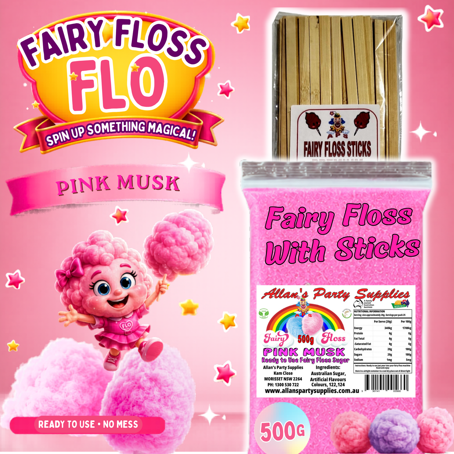 #2 APS, Fairy Floss Flo's Premium Pink Musk Fairy Floss Sugar 500g Bag With Sticks