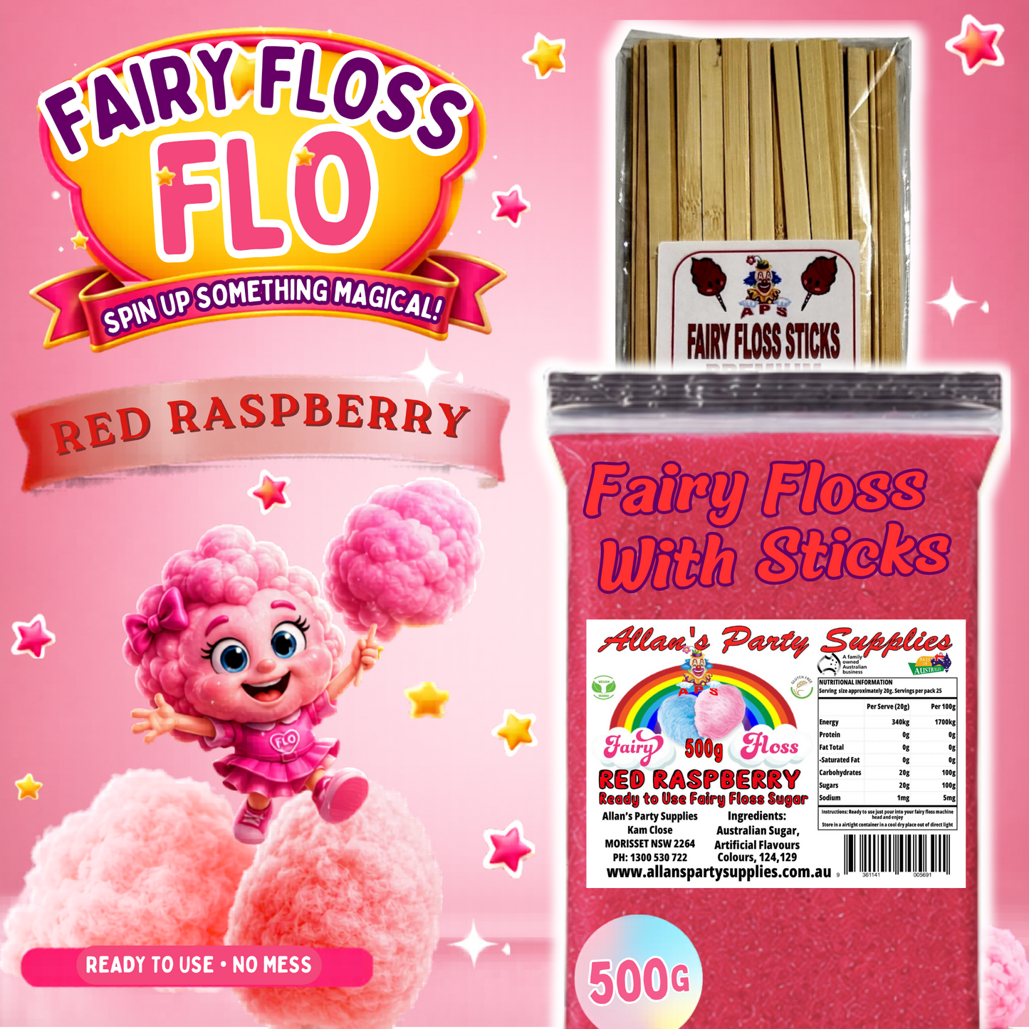 #2 APS, Fairy Floss Flo's Premium Red Raspberry Fairy Floss Sugar 500g Bag With Sticks
