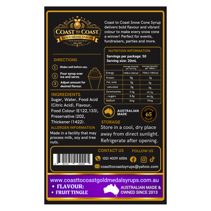 Fruit Tingle Snow Cone Syrups 2ltr - Coast to Coast Gold Medal Syrups®