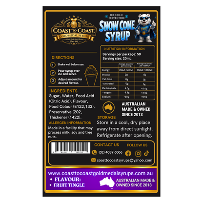 Fruit Tingle Snow Cone Syrups 2ltr - Coast to Coast Gold Medal Syrups®