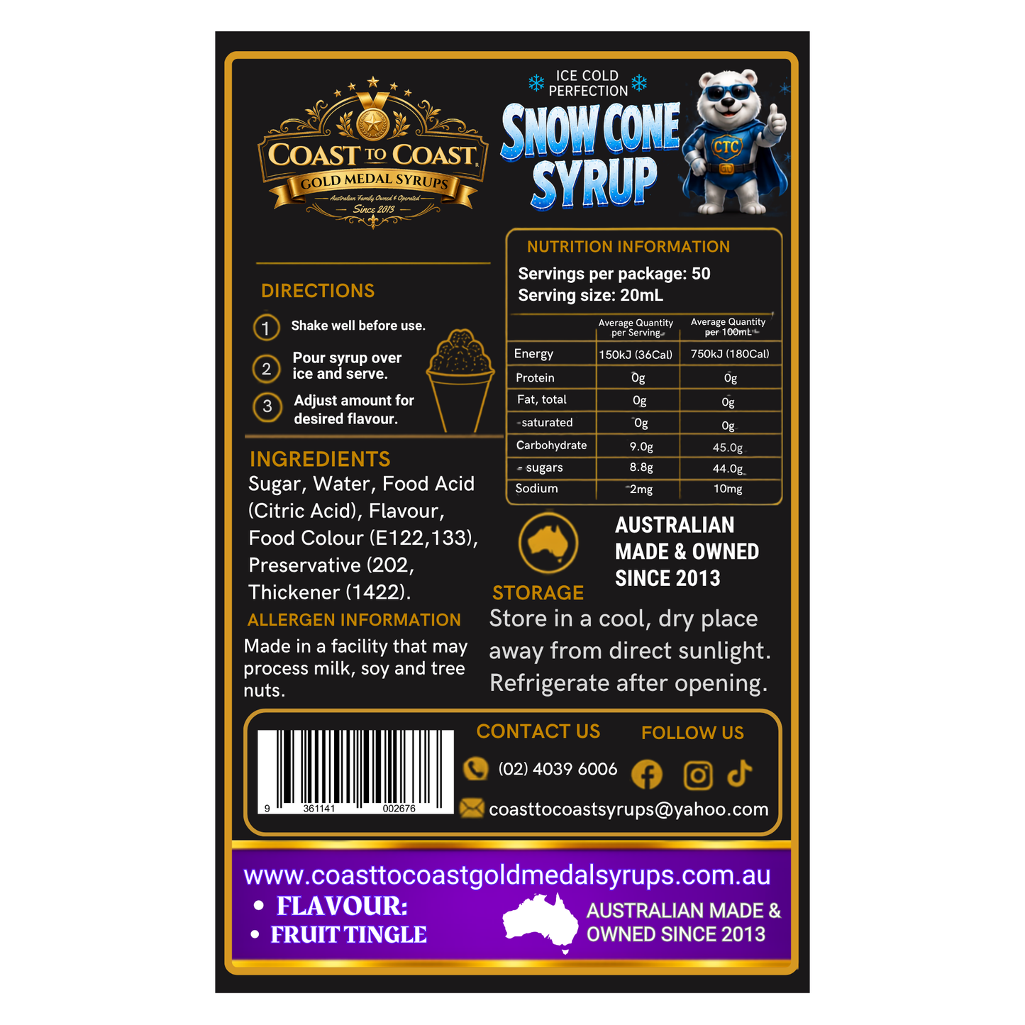 Fruit Tingle Snow Cone Syrups 4ltr - Coast to Coast Gold Medal Syrups®