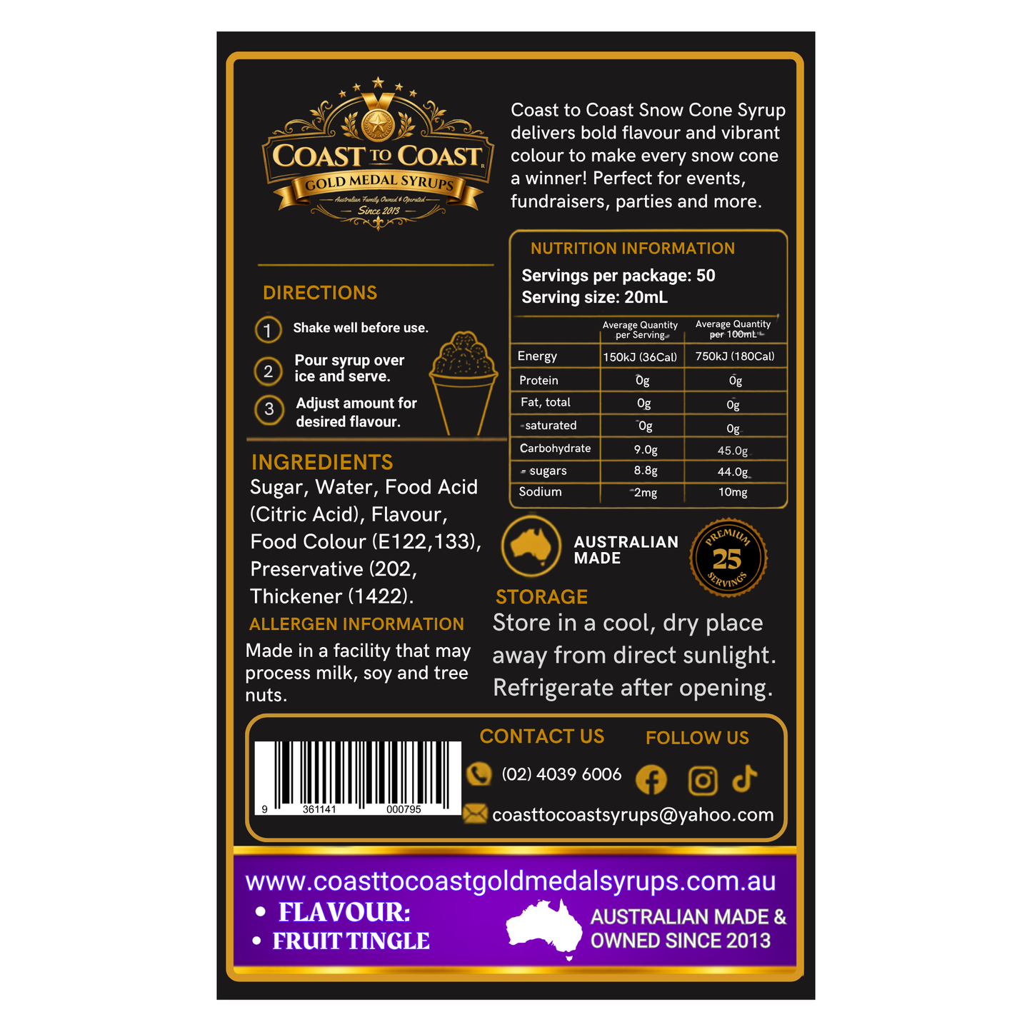 Fruit Tingle Snow Cone Syrups 750ml - Coast to Coast Gold Medal Syrups®