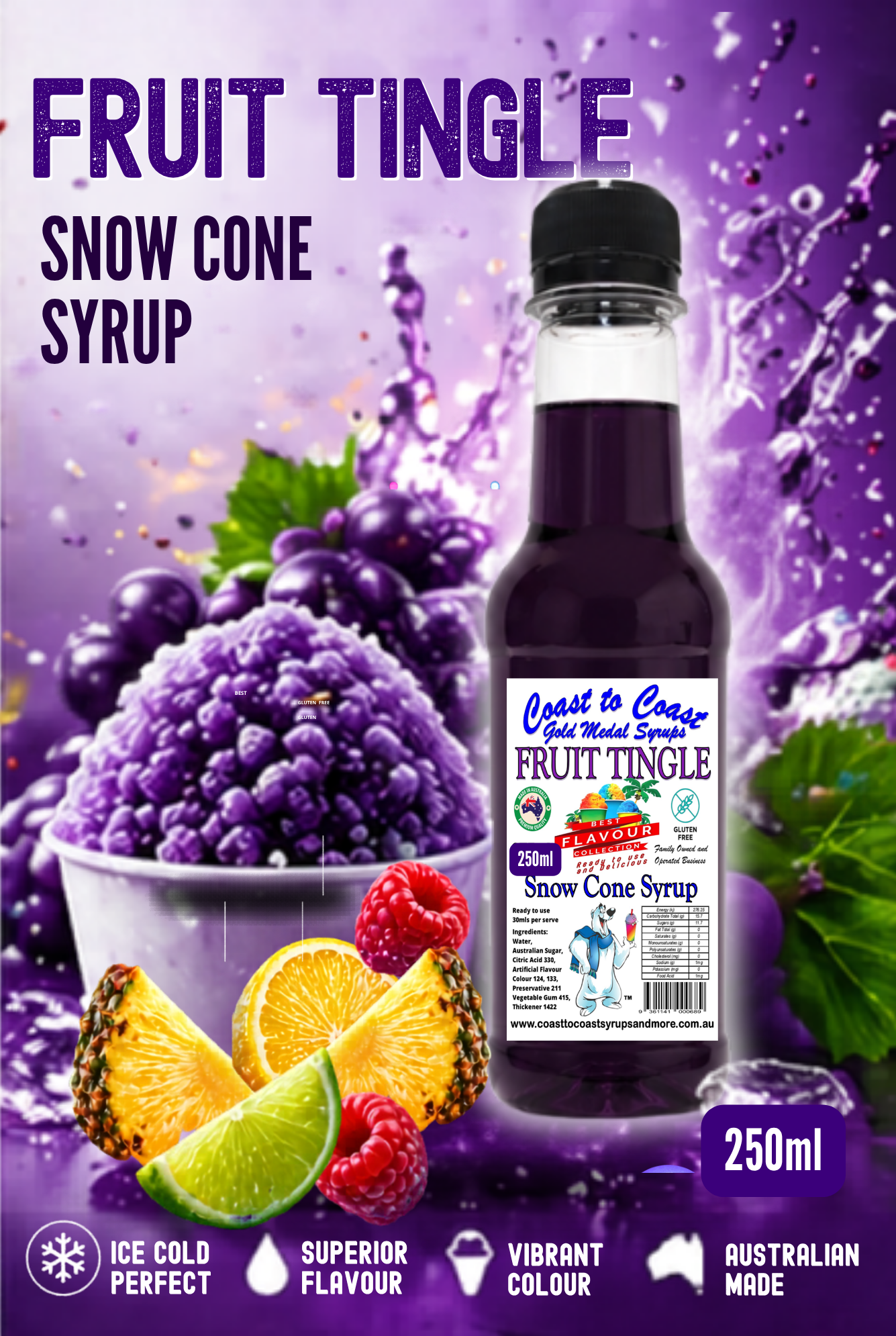 1.Fruit Tingle Snow Cone Syrup 250ml – Premium Ice Syrup | Coast to Coast Gold Medal Syrups®