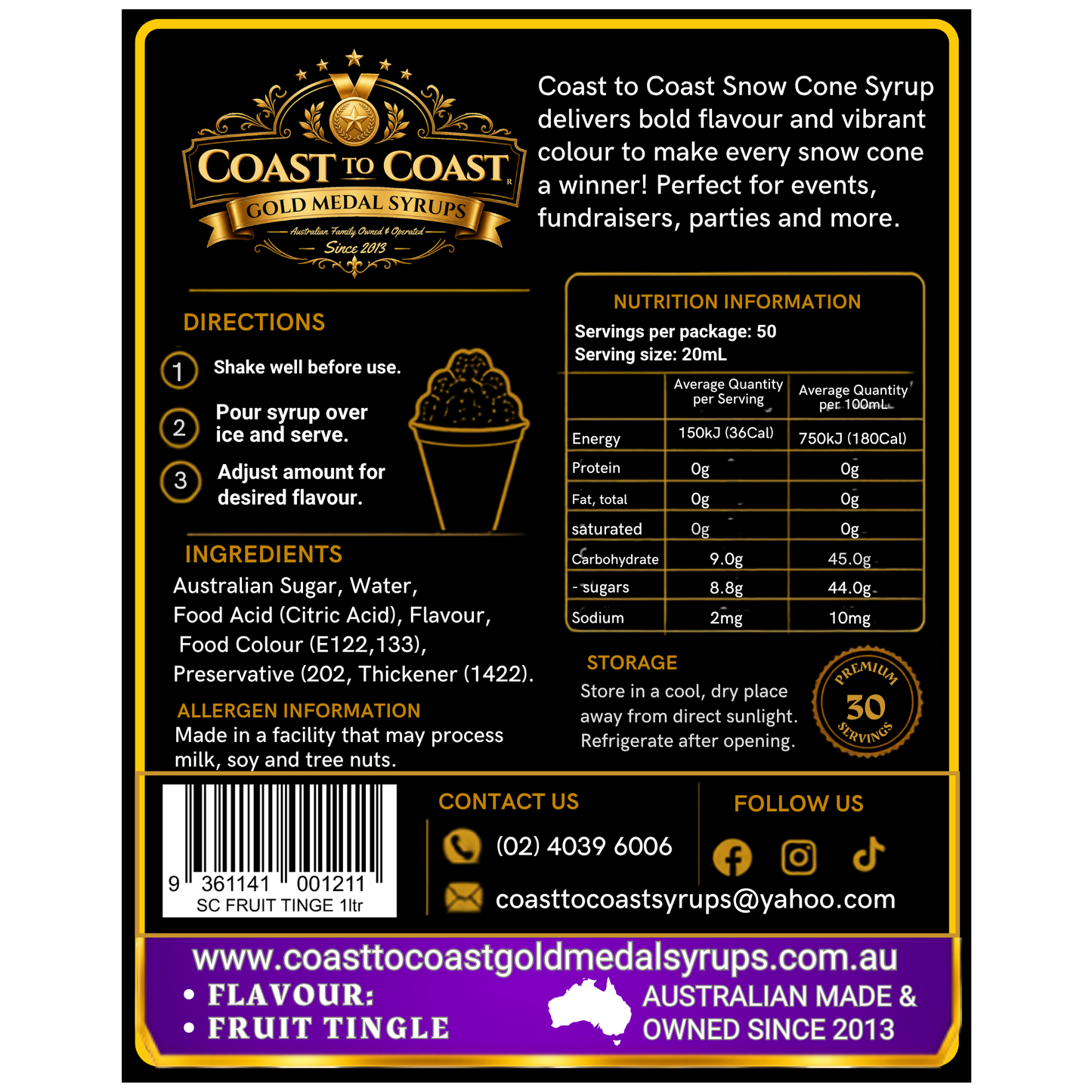 Fruit Tingle Snow Cone Syrups 1ltr - Coast to Coast Gold Medal Syrups®