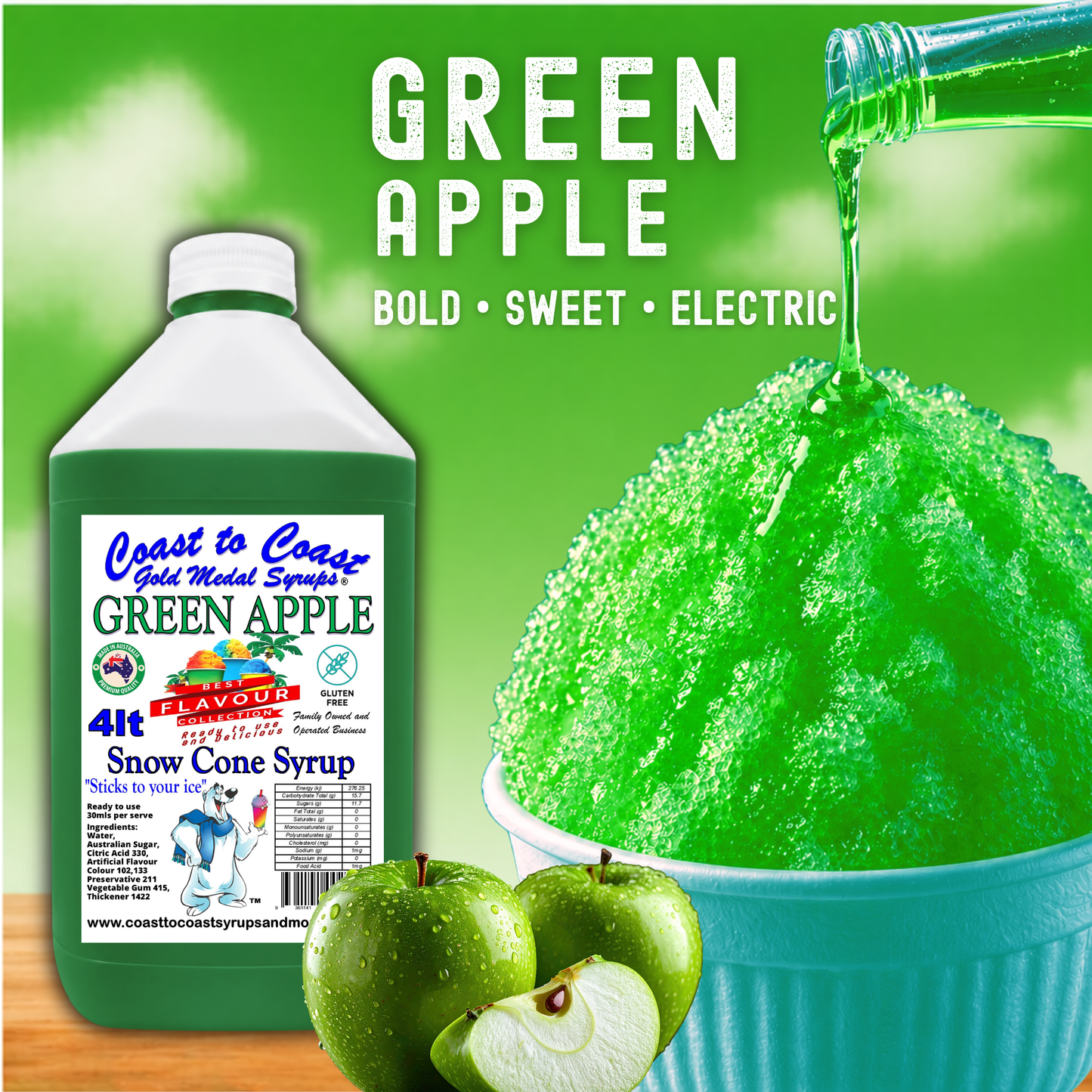 6 Green Apple Snow Cone Syrup, 4Ltr, Premium Ice Syrup, Coast to Coast Gold Medal Syrups®
