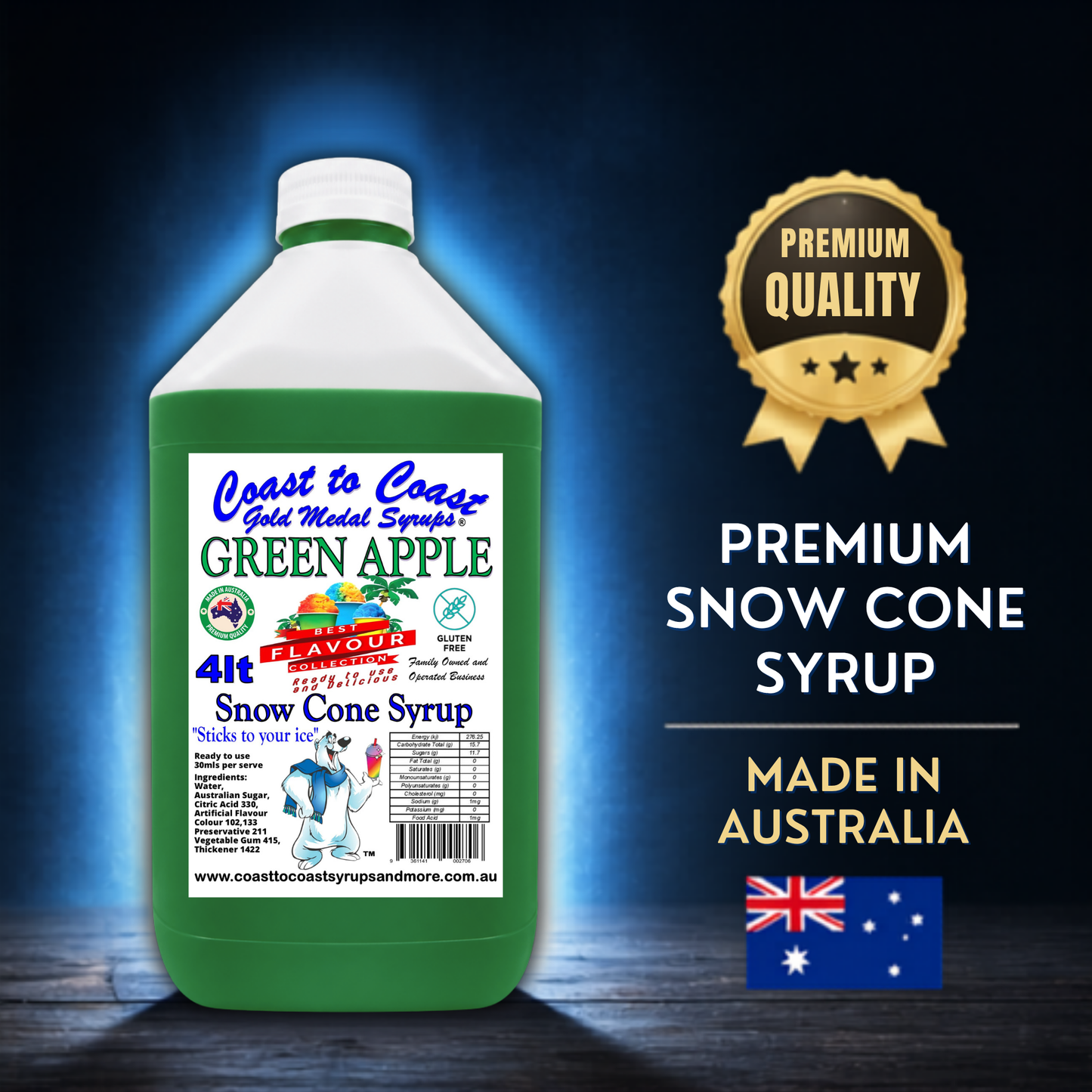 6 Green Apple Snow Cone Syrup, 4Ltr, Premium Ice Syrup, Coast to Coast Gold Medal Syrups®