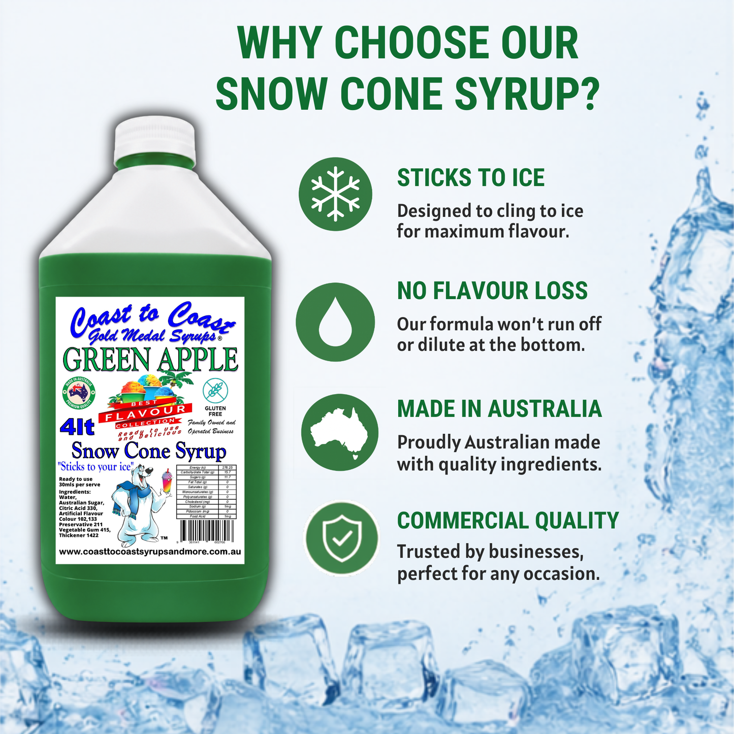 6 Green Apple Snow Cone Syrup, 4Ltr, Premium Ice Syrup, Coast to Coast Gold Medal Syrups®