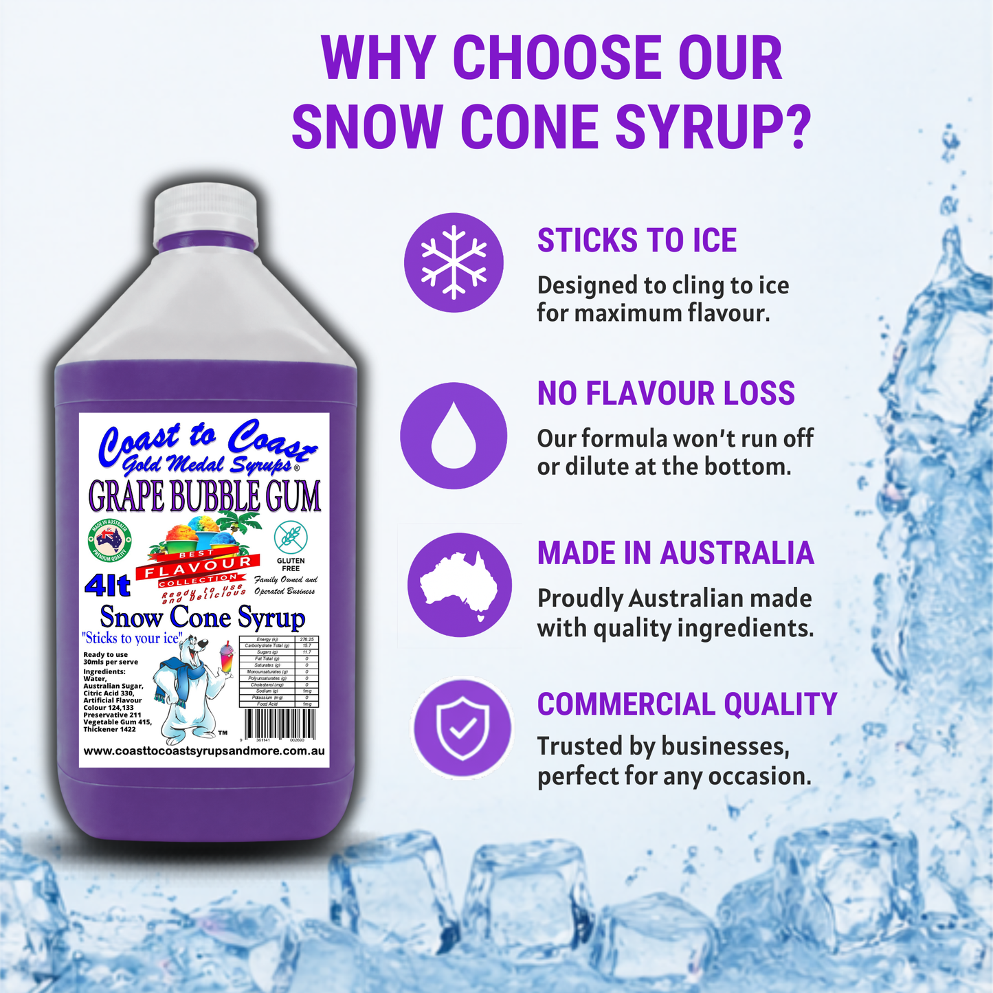 6 Grape Bubble Gum Snow Cone Syrup, 4Ltr, Premium Ice Syrup, Coast to Coast Gold Medal Syrups®