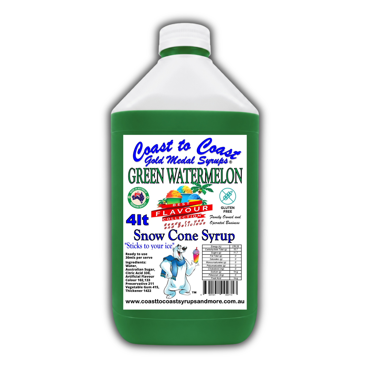 6 Green Watermelon Snow Cone Syrup, 4Ltr, Premium Ice Syrup, Coast to Coast Gold Medal Syrups®
