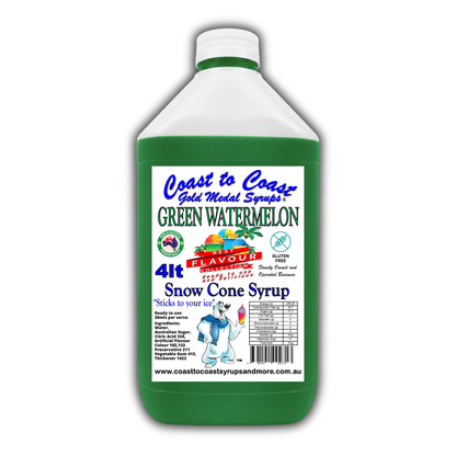 6 Green Watermelon Snow Cone Syrup, 4Ltr, Premium Ice Syrup, Coast to Coast Gold Medal Syrups®
