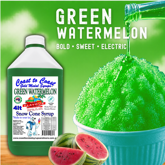 6 Green Watermelon Snow Cone Syrup, 4Ltr, Premium Ice Syrup, Coast to Coast Gold Medal Syrups®