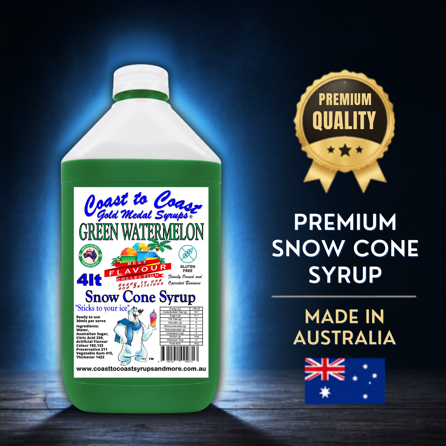 6 Green Watermelon Snow Cone Syrup, 4Ltr, Premium Ice Syrup, Coast to Coast Gold Medal Syrups®