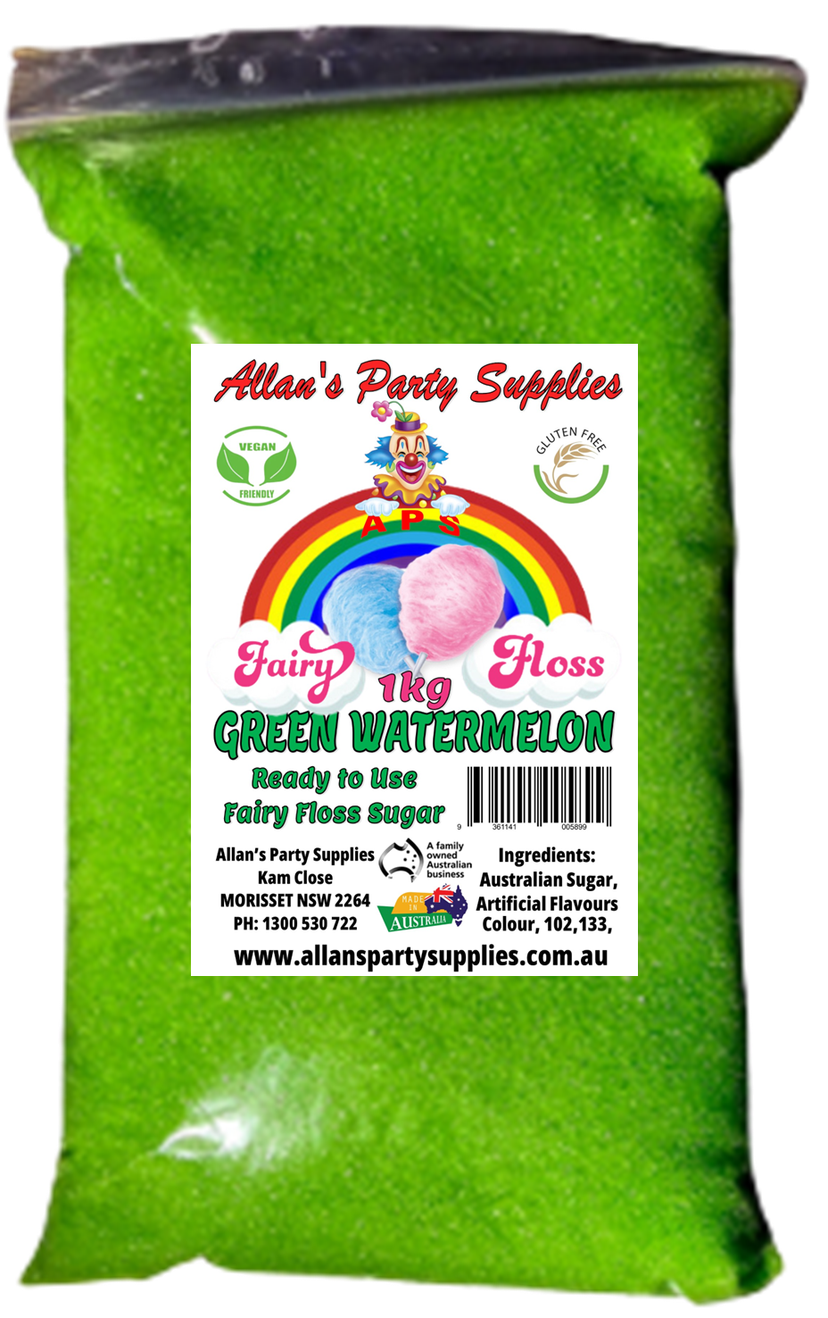 #3 APS, Fairy Floss Flo's Premium Green Watermelon Fairy Floss Sugar 1kg