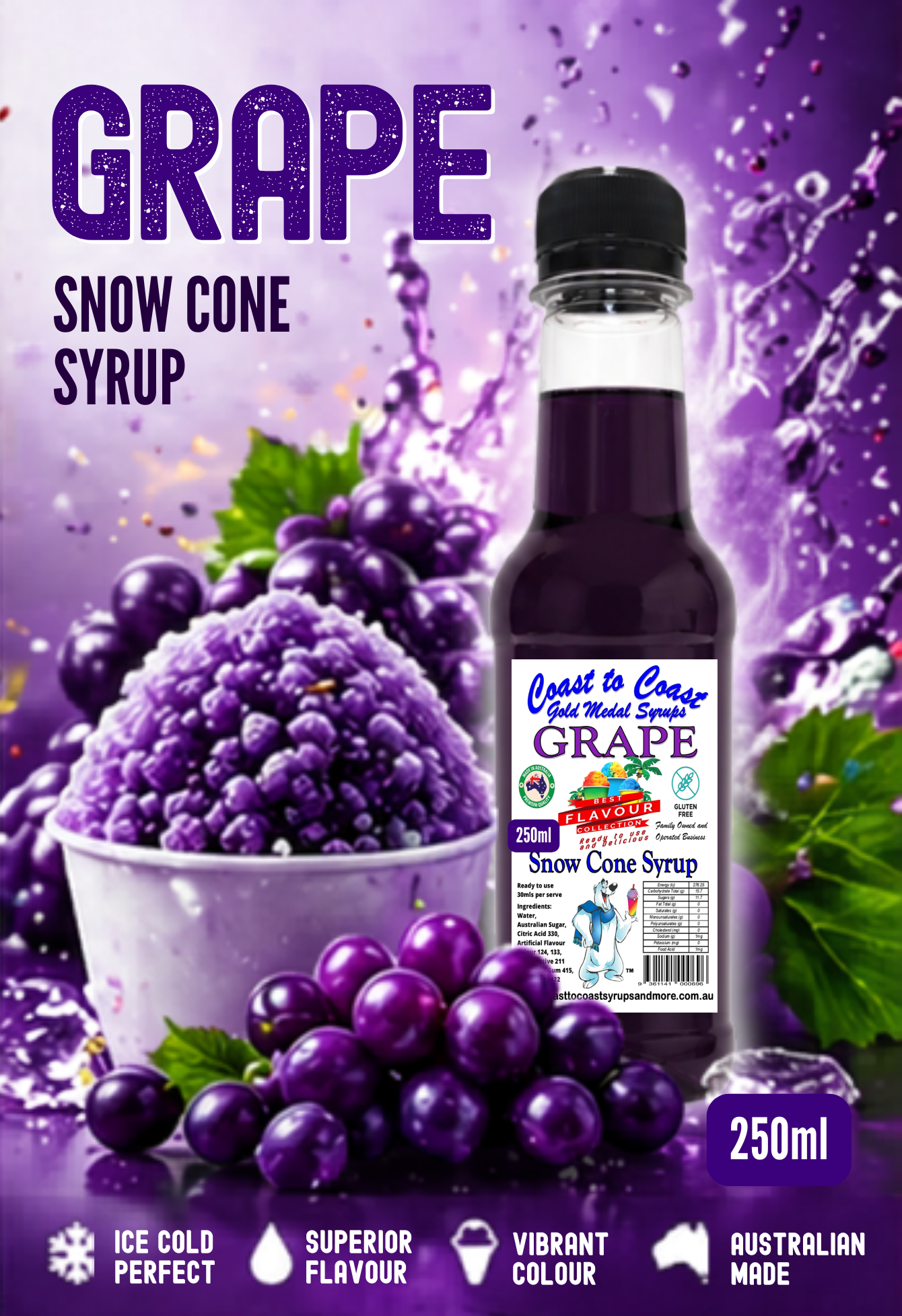 1.Grape Snow Cone Syrup 250ml – Premium Ice Syrup | Coast to Coast Gold Medal Syrups®