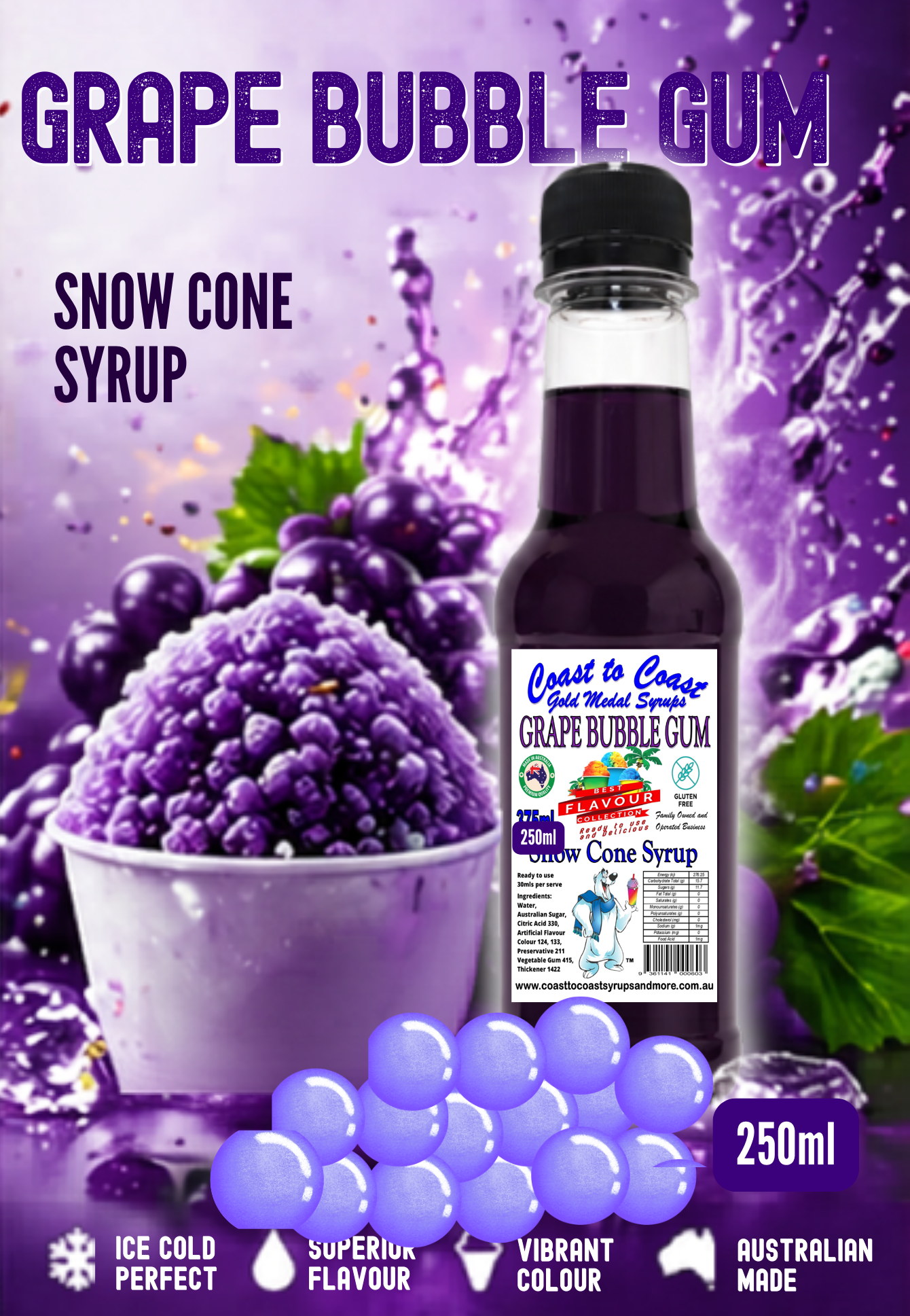 1.Grape Bubble Gum Snow Cone Syrup 250ml – Premium Ice Syrup | Coast to Coast Gold Medal Syrups®