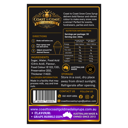 Grape Snow Cone Syrups 250ml - Coast to Coast Gold Medal Syrups®