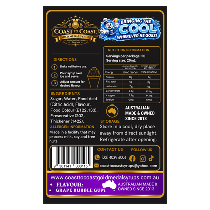 Grape Bubble Gum Snow Cone Syrups 250ml - Coast to Coast Gold Medal Syrups®