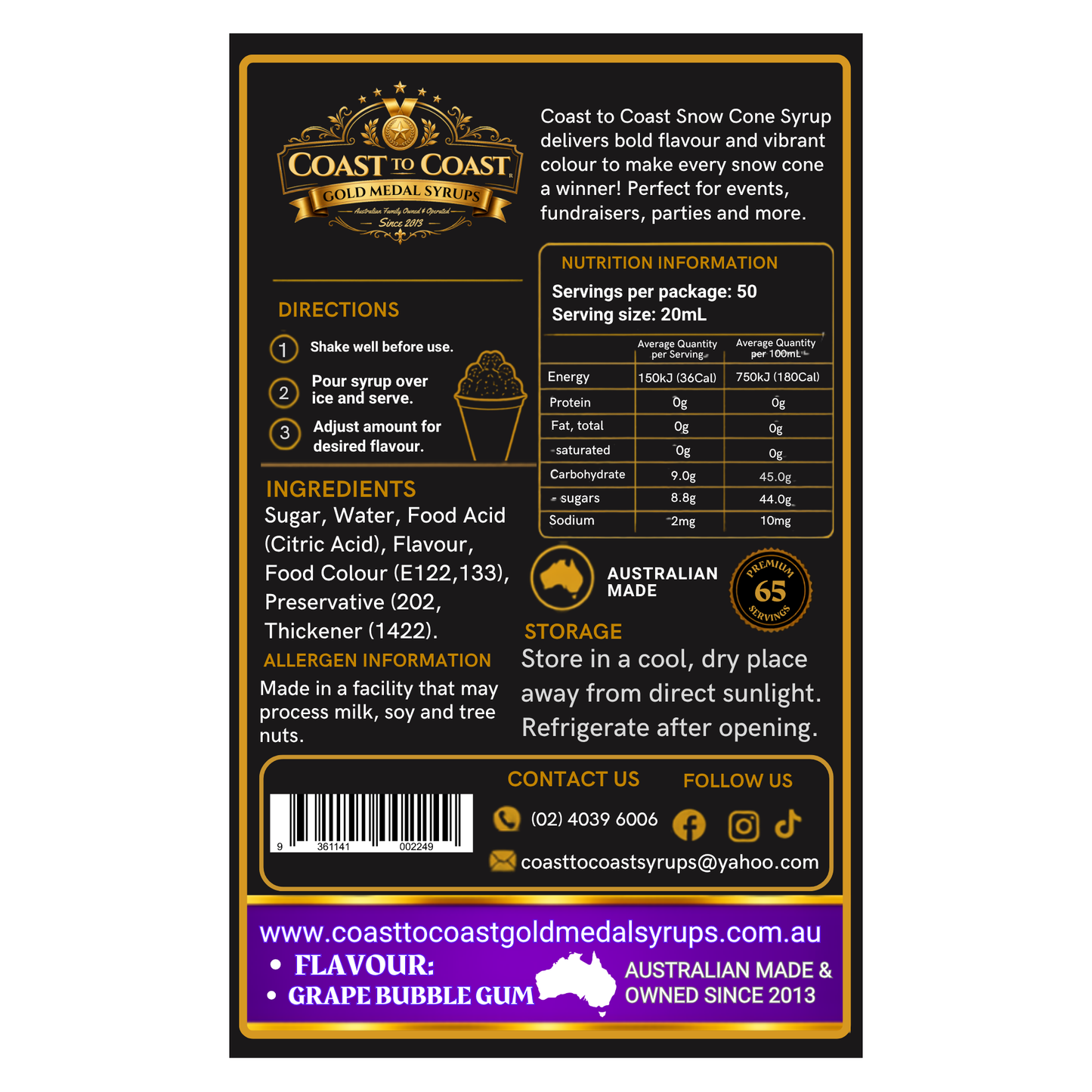Grape Bubble Gum Snow Cone Syrups 2ltr - Coast to Coast Gold Medal Syrups®