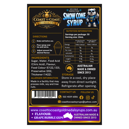 Grape Bubble Gum Snow Cone Syrups 2ltr - Coast to Coast Gold Medal Syrups®
