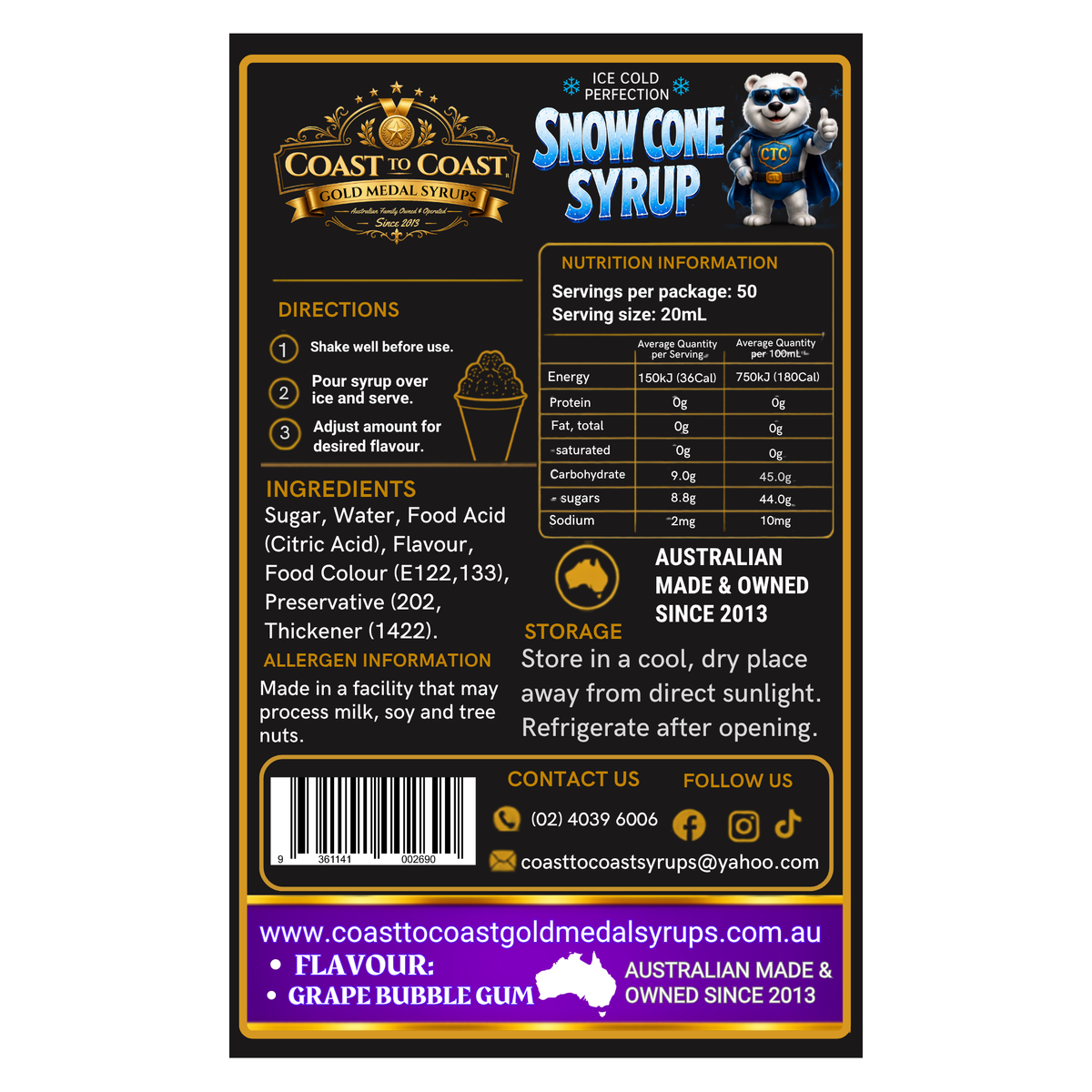Grape Bubble Gum Snow Cone Syrups 4ltr - Coast to Coast Gold Medal Syrups®