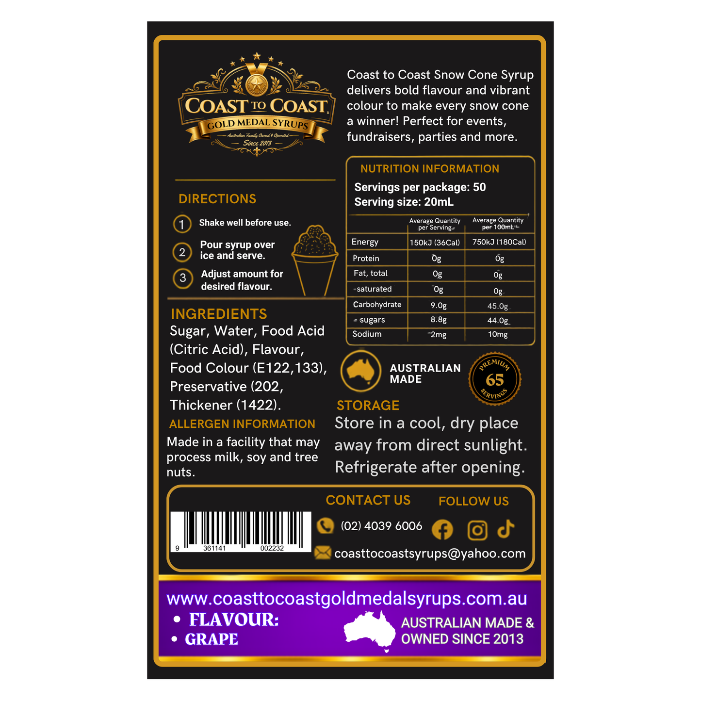Grape Snow Cone Syrups 2ltr - Coast to Coast Gold Medal Syrups®