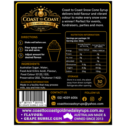 Grape Bubble Gum Snow Cone Syrups 1ltr - Coast to Coast Gold Medal Syrups®