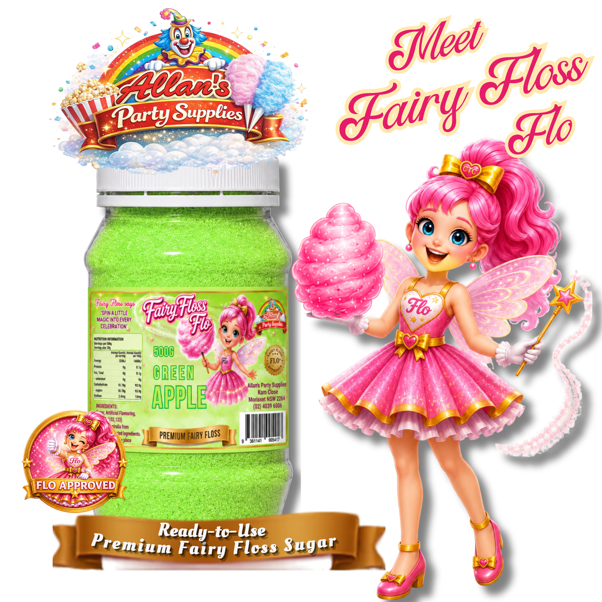 Green Apple Fairy Floss Sugar – 500g Jar - Allan's Party Supplies
